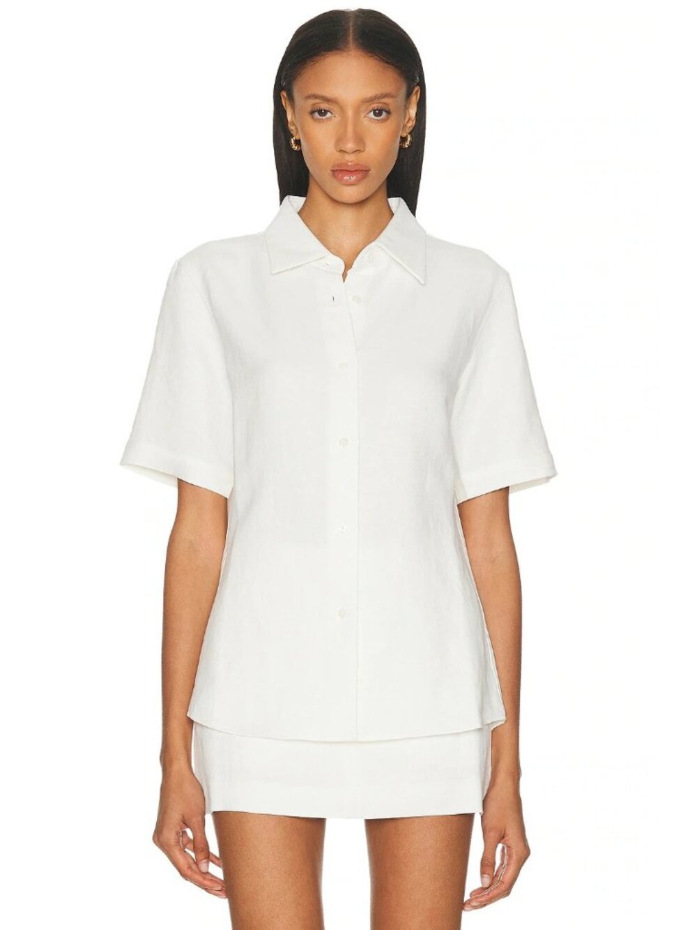 RENGGLI Short Sleeve Linen Button Up Top in Bone